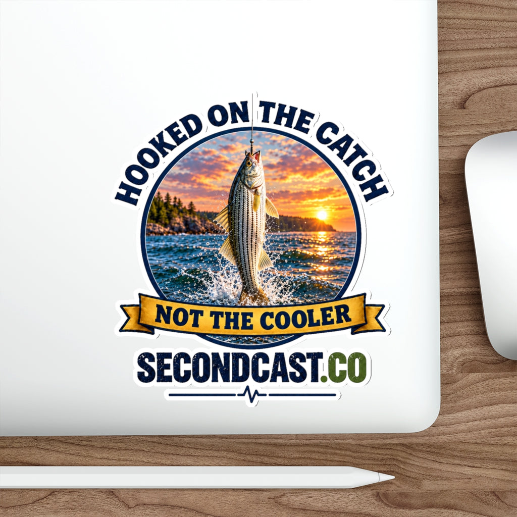 Fishing Sticker — "Hooked on the Catch, Not the Cooler" Outdoor Decal